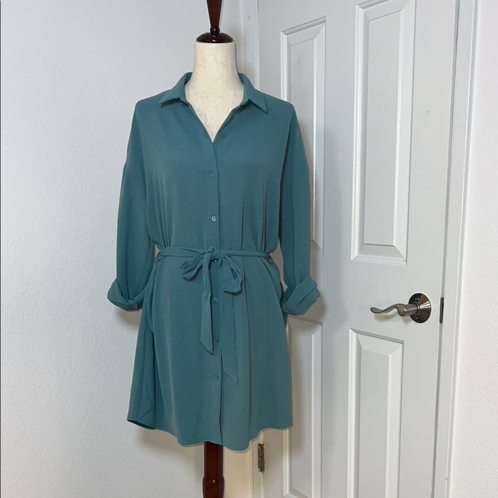 Fashion Nova Green Blue Long Sleeve Shirt Dress
